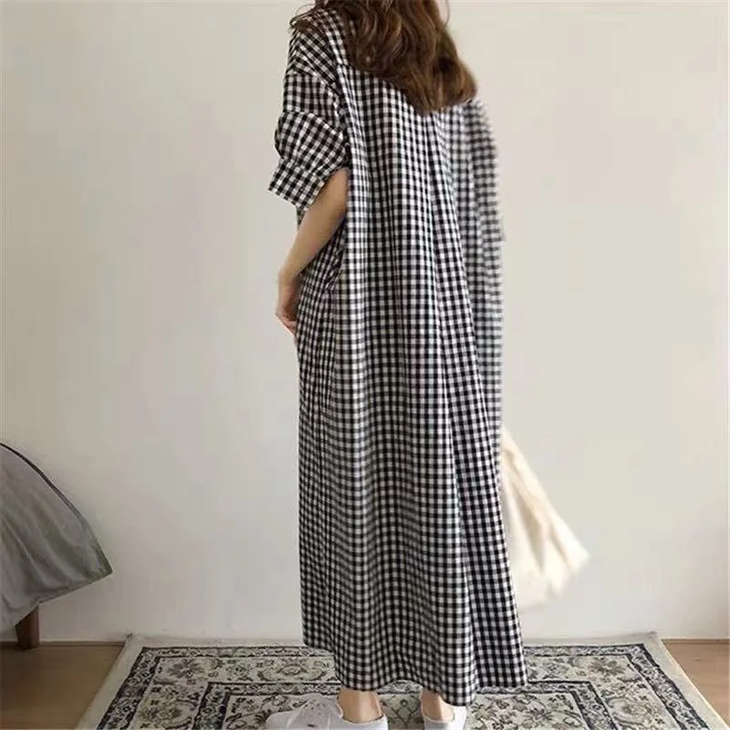 Uveng Uveng Plaid Shirt Women 2025 Spring And Summer Short-Sleeved Cotton Linen Super Long Over Knee Loose Ocean Gas Shirt