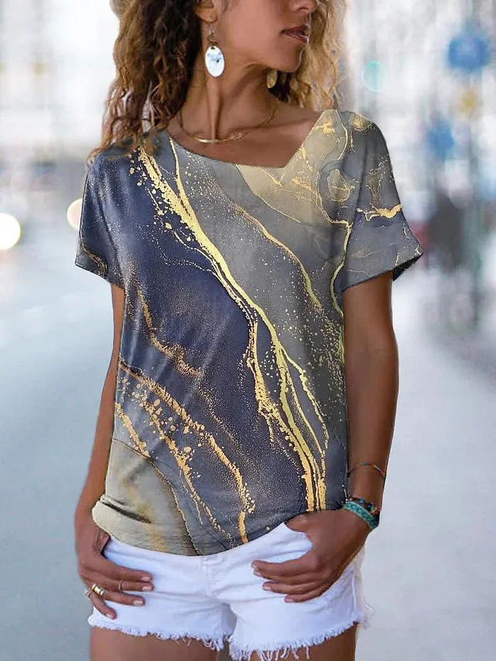 Women's Abstract Marble Pattern Print Slanted Collar Top