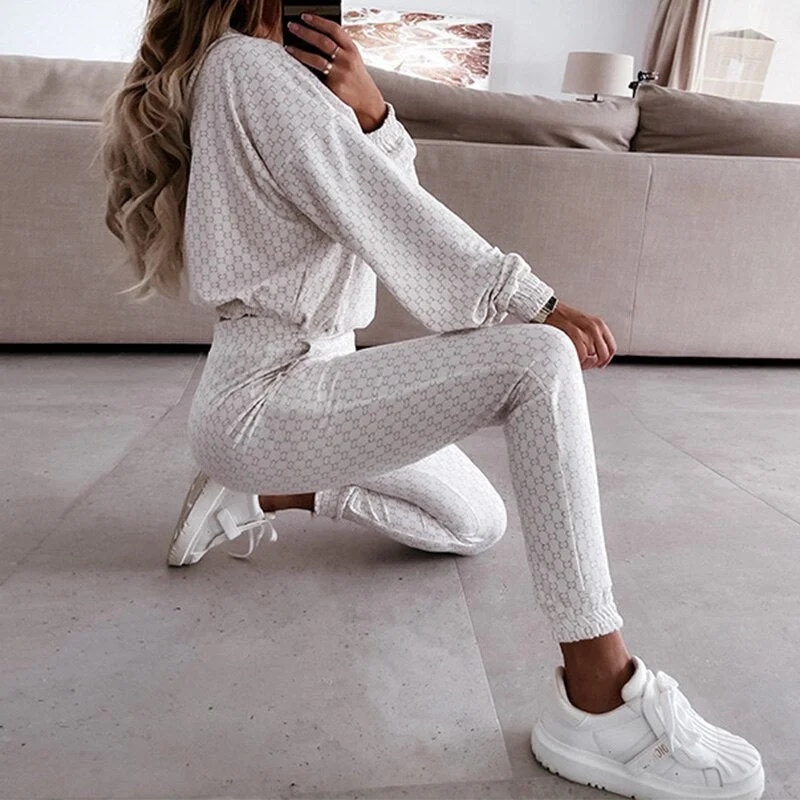 Women Print Hoodie Two Piece Sets 2021 Long Sleeve Pullover Sweatshirt And Elastic Trouser Suits Autumn Winter Casual Tracksuits