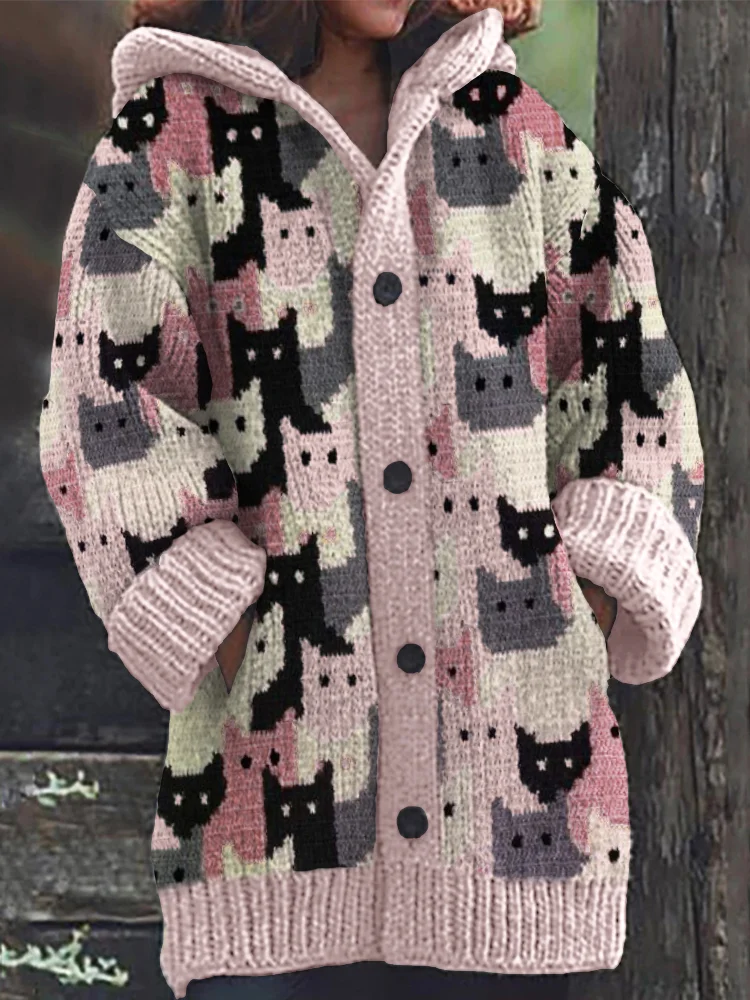 Comstylish Pink Crowded Cats Knit Art Cozy Hooded Cardigan