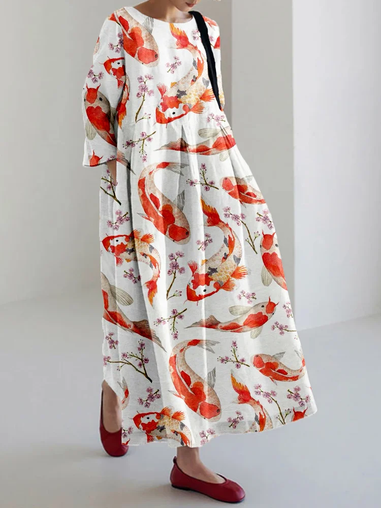 Koi Cherry Blossom Pattern Linen Blend Maxi Dress