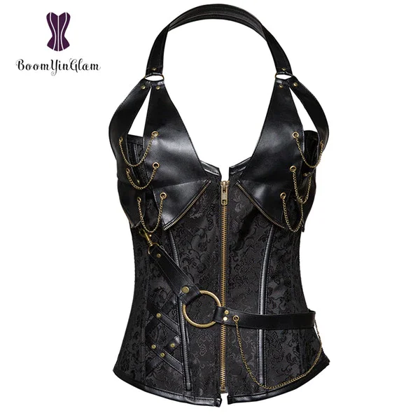 Billionm Women's Black Lingerie Sexy Halterneck Corset Gothic Steampunk Leather Corselet With G String 908#