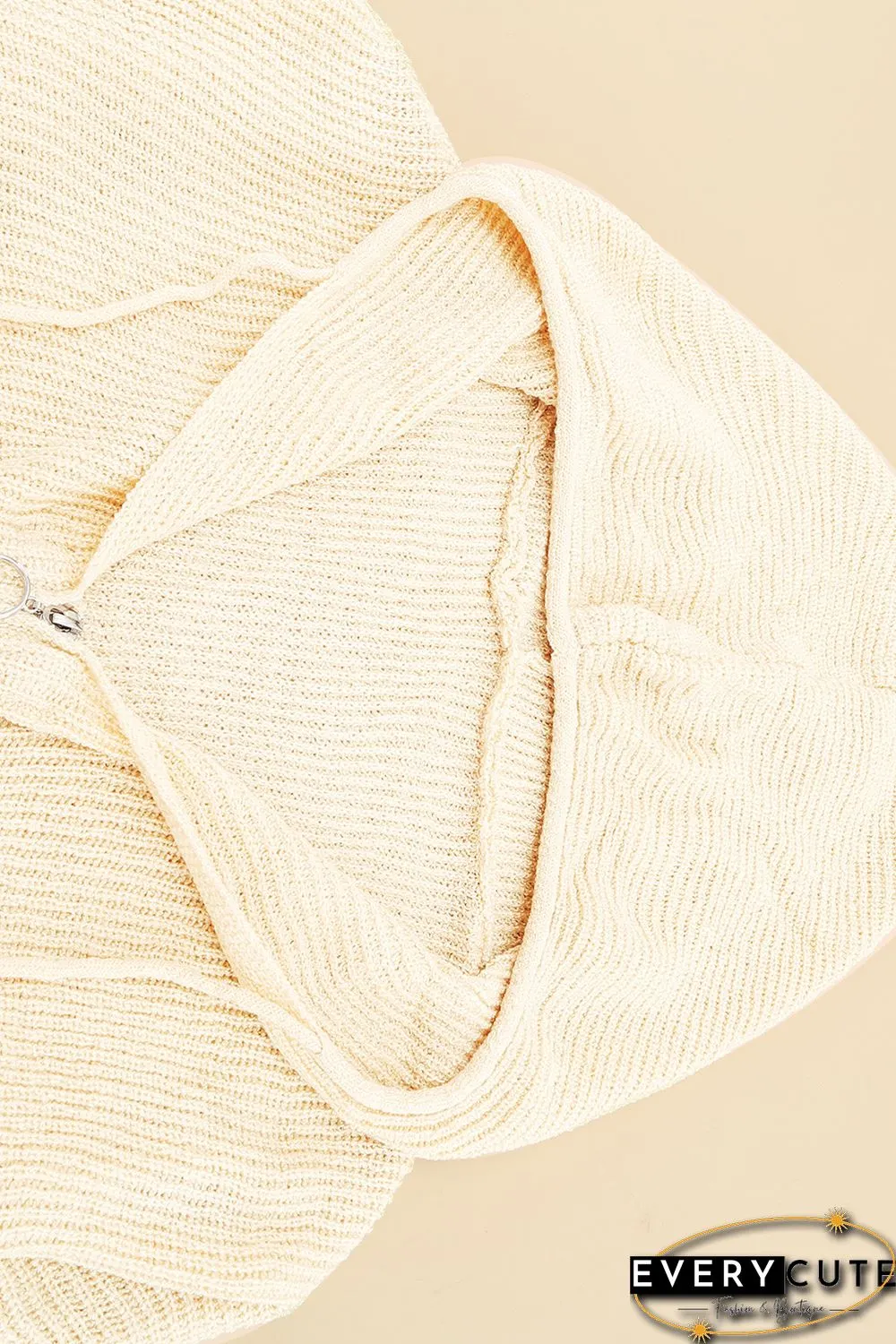 Zipper V-neck Dropped Sleeve Hooded Solid Sweater