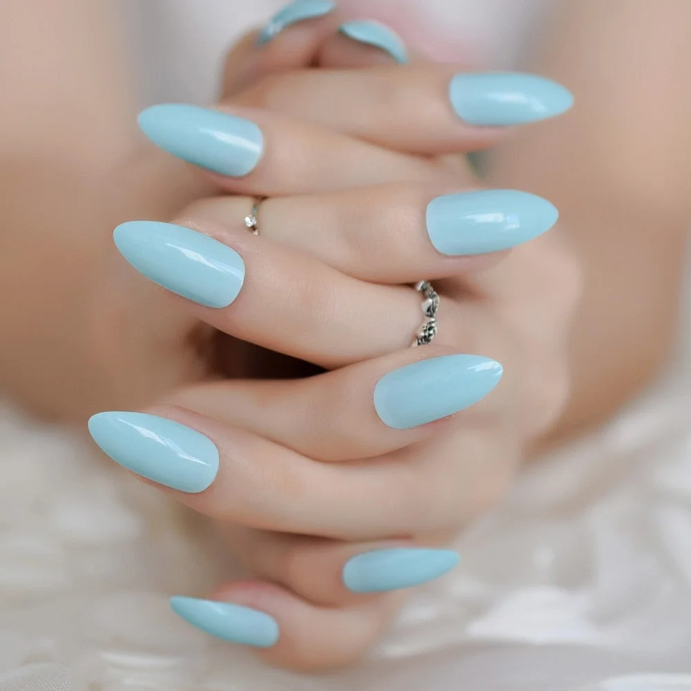 Sky Blue Fake Nails Glossy Medium Stiletto Press On Nails Full Cover Stick On False Nail Sharp Tips Solid Color Manicure Tools-Nail Inspo