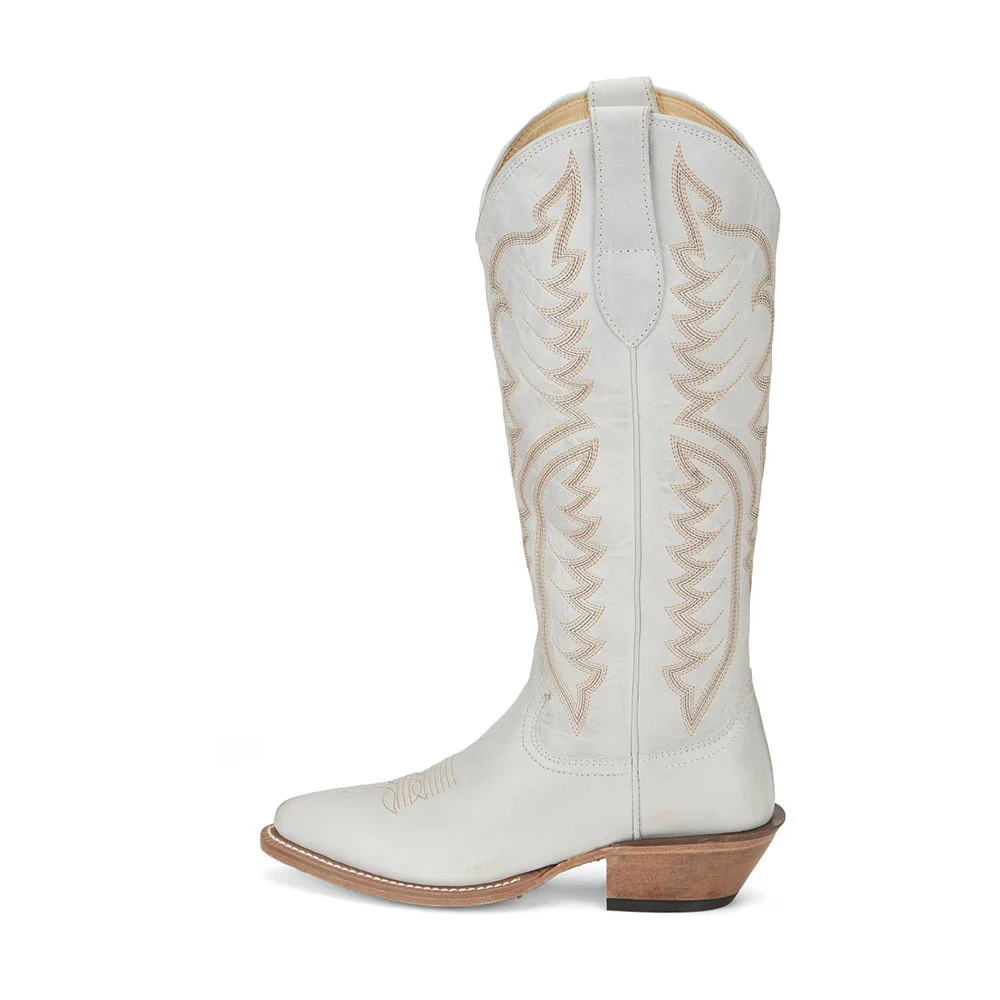 White Round Toe Chunky Heel Knee-High Cowgirl Boots with Embroidery