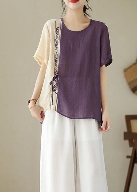 Purple Patchwork Cotton Blouses Embroideried Lace Up Summer