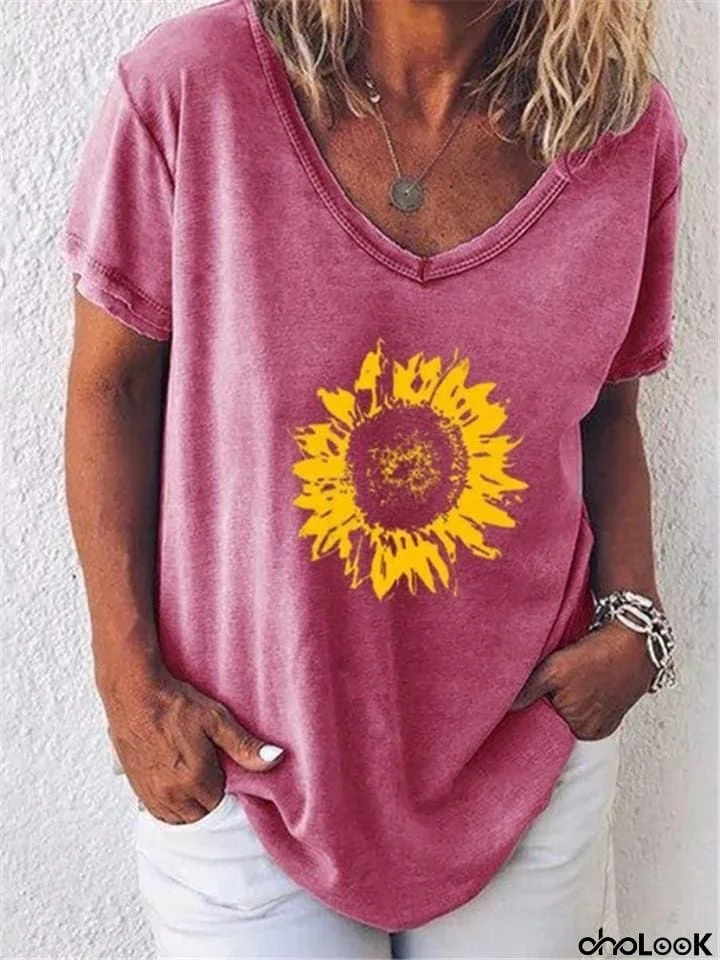 Relaxed Fit Scoop Neck Sunflower Short Sleeve T-Shirt