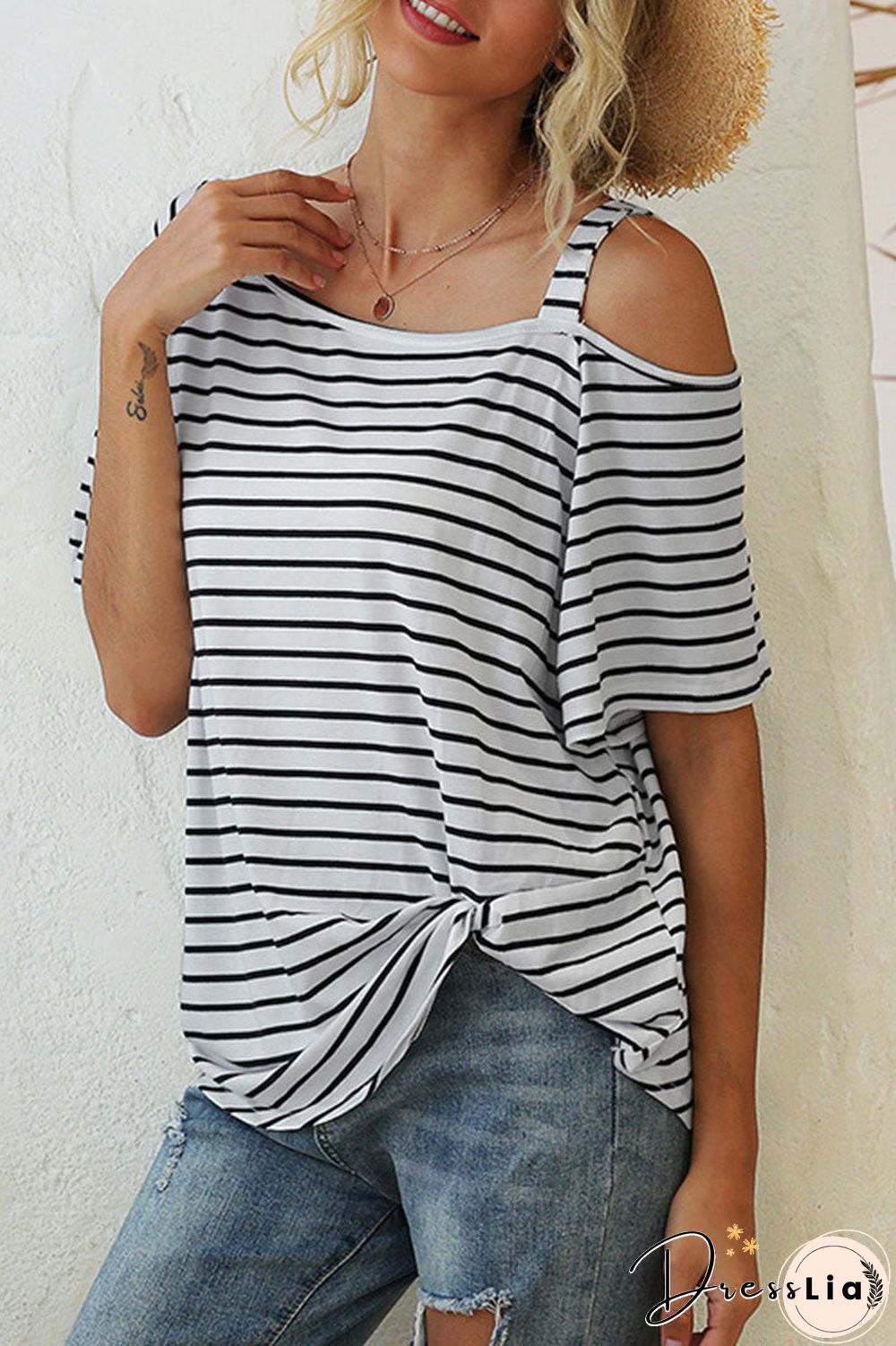 Fashion Street Striped Oblique Collar T-Shirts