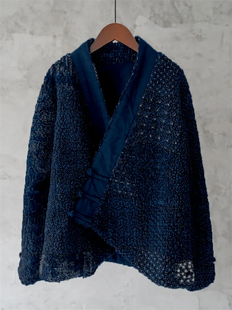 Japanese Traditional Sashiko Art Fleece Kimono Cardigan