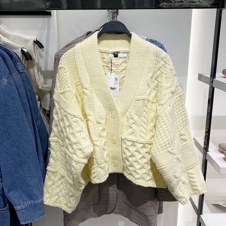 New Spring Autumn Women Yellow V Neck Knitted Casual Long Sleeve Cropped Cardigan Female Button Down Cable Sweater - BlackFridayBuys