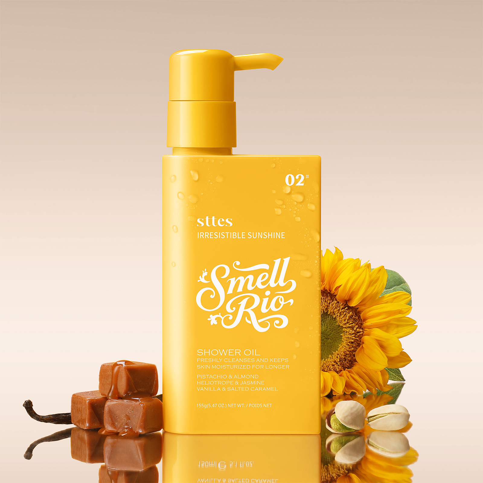 Sttes Smell Rio Shower Oil - 02# Irresistible Sunshine: Nourishing Shower Oil with Pistachio, Jasmine & Salted Caramel &ndash; Antioxidant-Rich Moisture Lock 155g