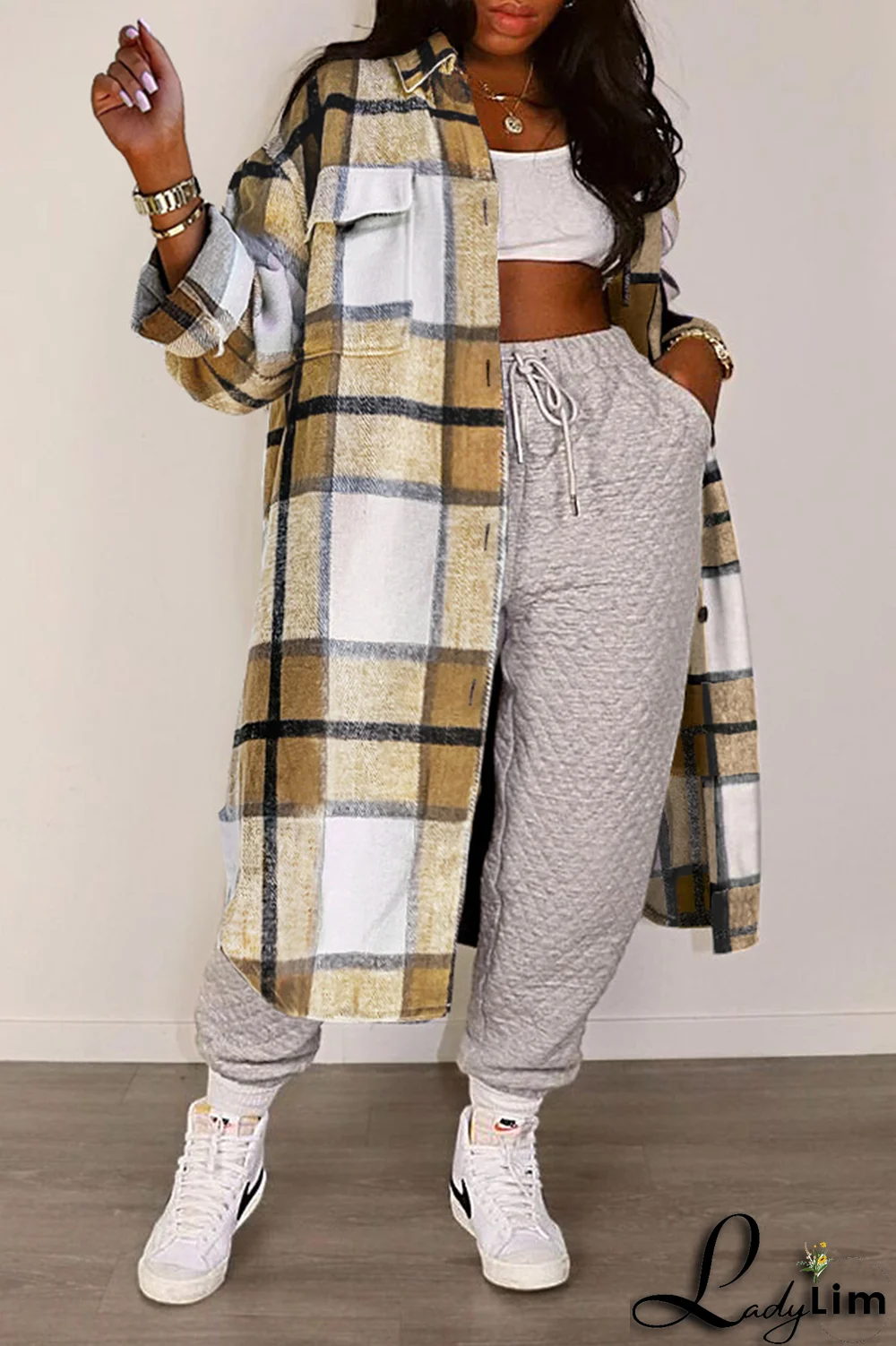 Green Casual Plaid Patchwork Turndown Collar Outerwear