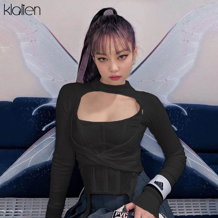 KLALIEN 2021 Spring Hollow Out Knit Pullover T-Shirt Vest Two Pieces Woman Chic Crop Top Korean Style Streetwear Basic Clothing