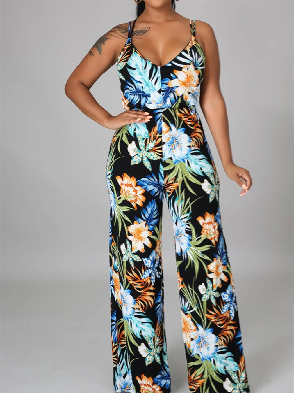 Women plus size clothing Women's Sleeveless V-neck Floral Printed Jumpsuit-Nordswear