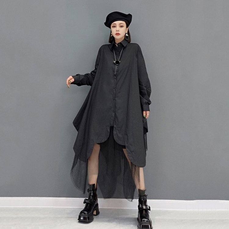 Design Loose Lapel Irregular Mesh Patchwork Long Sleeve Shirt Dress     