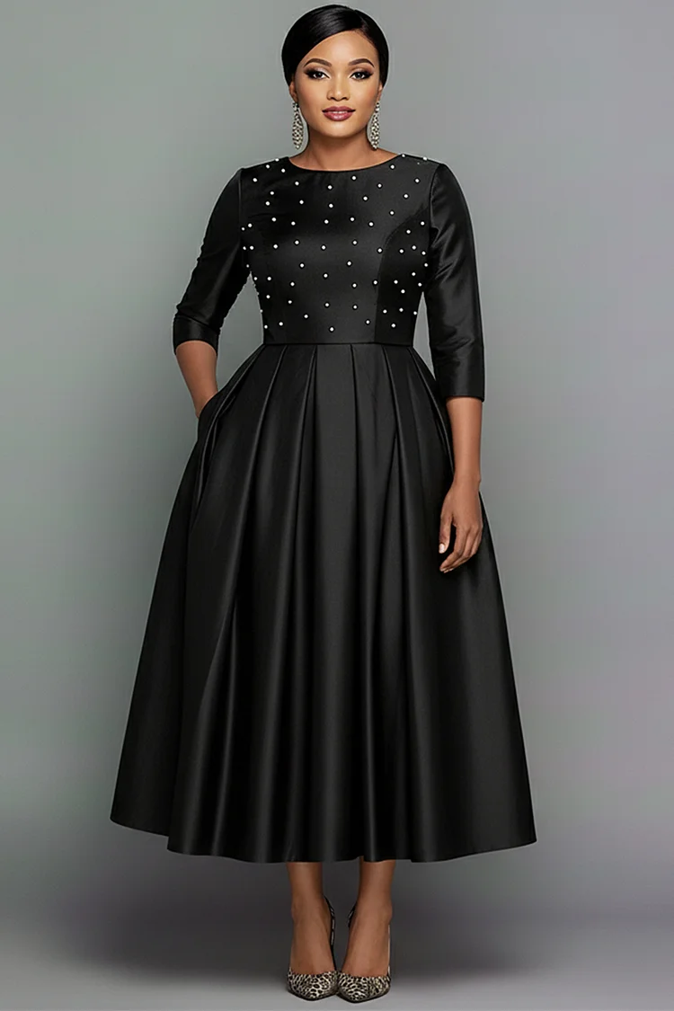 Xpluswear Design Plus Size Formal Black Round Neck Long Sleeve Pearls Elegant Pocket Satin Midi Dresses [Pre-Order]