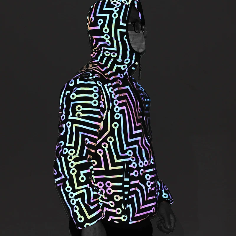 Woherb Circuit Grain Jacket Geometric Pattern Rainbow Color Reflective Jacket Hip Hop Mechanical Dance Dazzle Color Reflective Jacket-Outfit Ideas