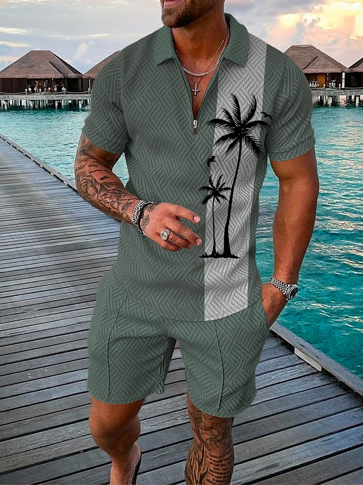 Men's Fashion Coconut Tree Printed Gray Green Polo Suit