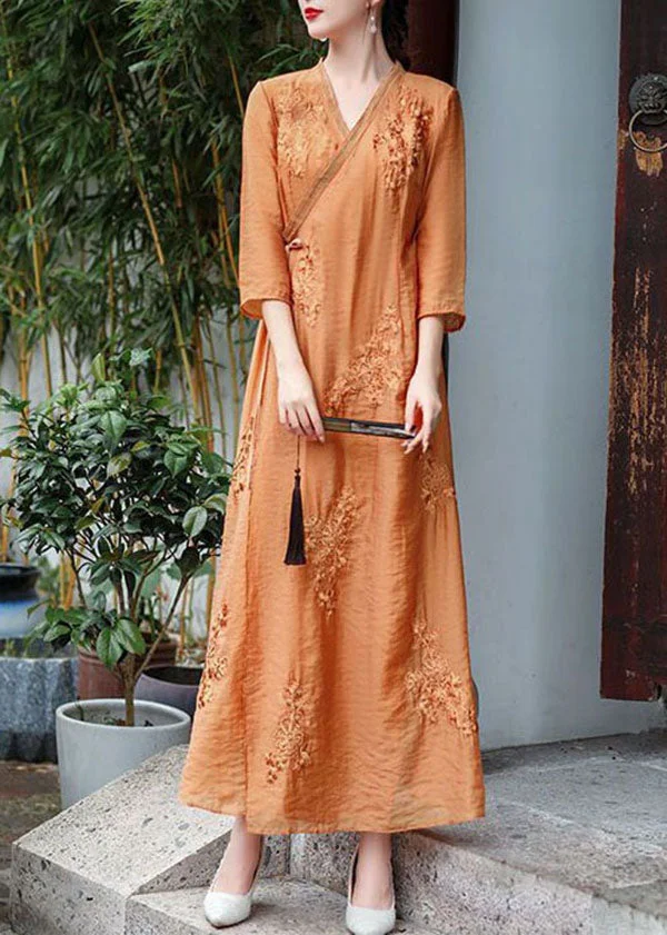 Natural Orange V Neck Embroideried Patchwork Silk Dress Summer
