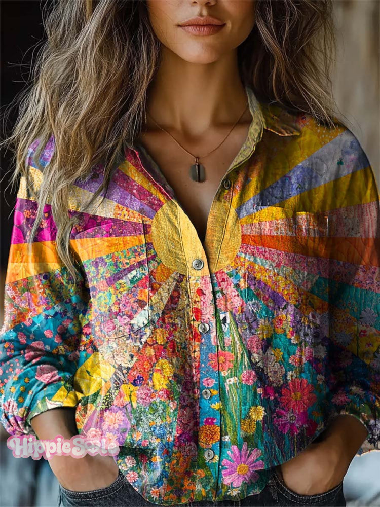 Women’s Lovely Sun Floral Patchwork Pattern Art Print Casual Long Sleeve Comfortable Cotton Shirt