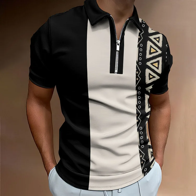 BrosWear Men's Geometric Pattern Color Block Patchwork Polo Shirt