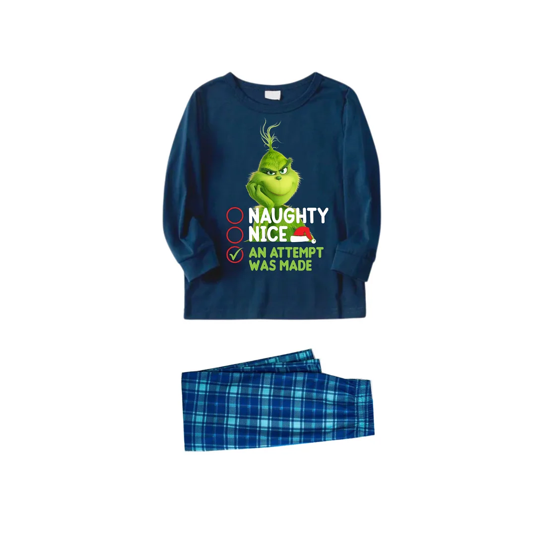 Cute Cartoon Pattern and Slogan Text Printed Blue Plaid Christmas Matching Pajamas