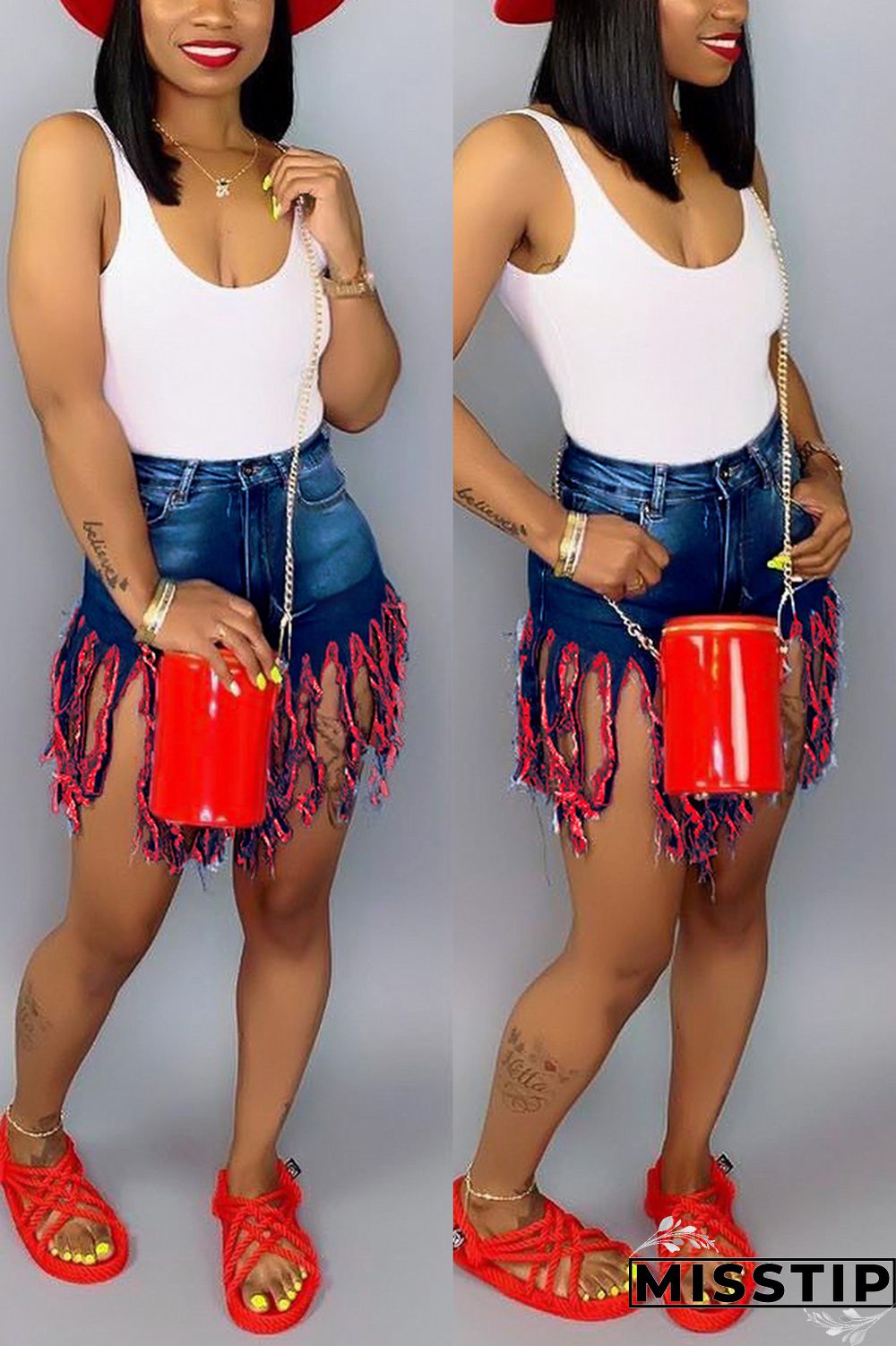 Green Red Green Yellow Royal blue Tassel Design Denim