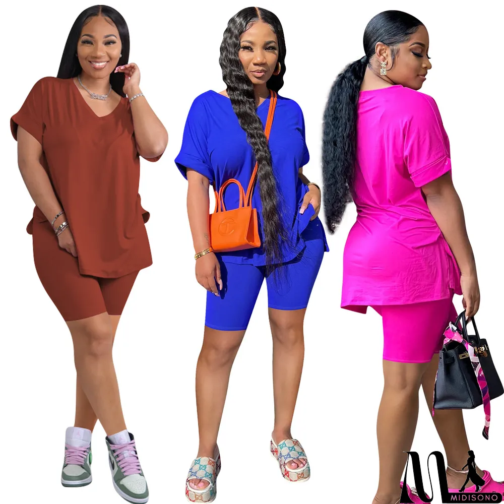 MidiSono - Two-piece Solid Color Slit Casual Shorts