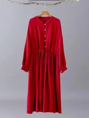 Retro National Double Cotton Long Sleeve Dress