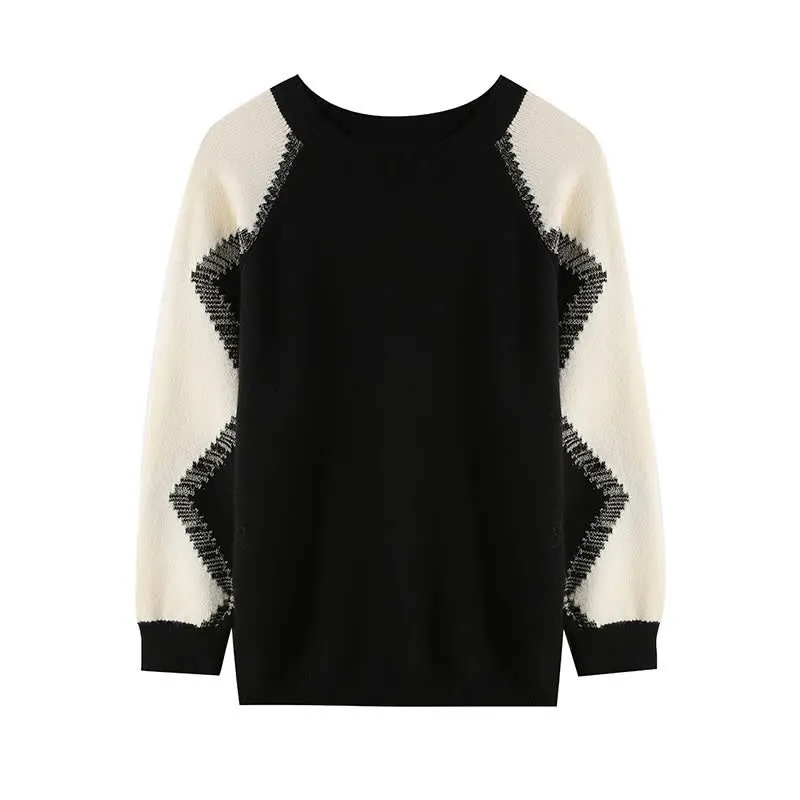 Chic Colorblock Round Collar Knit Loose Sweater