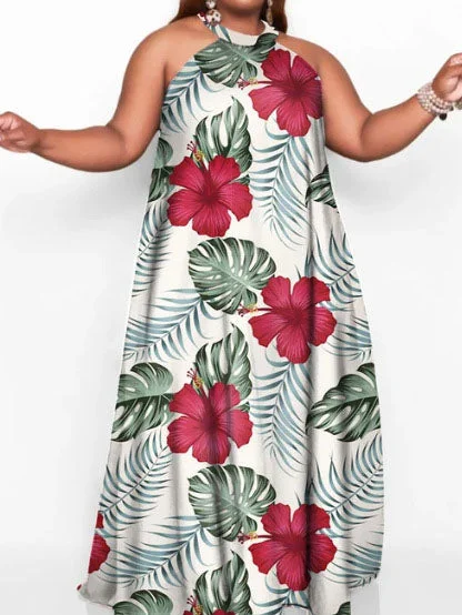 Plus Size Maxi Dress Halter Neck Sleeveless Solid Color