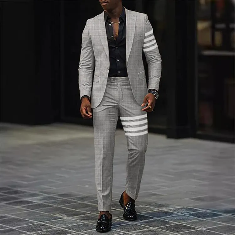 Men's Retro Casual Simple Colorblock Printed Two-piece Suit 