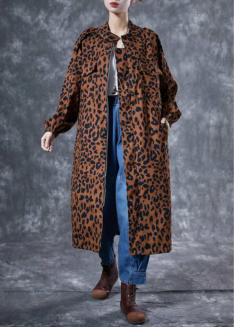 Italian Coffee Oversized Leopard Print Pockets Cotton Trench Coat Spring