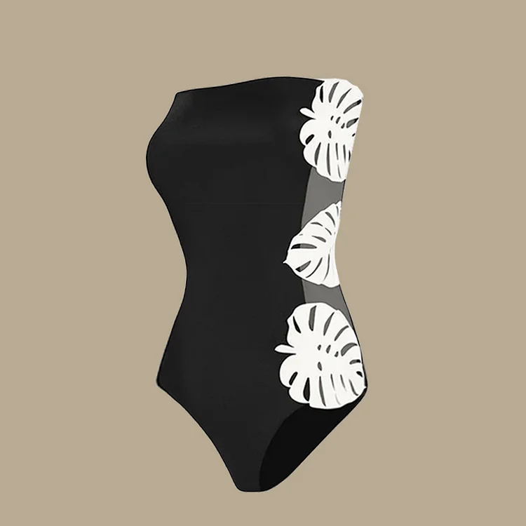 White Hollow out 3D Leaf Black One Piece Swimsuit and Skirt