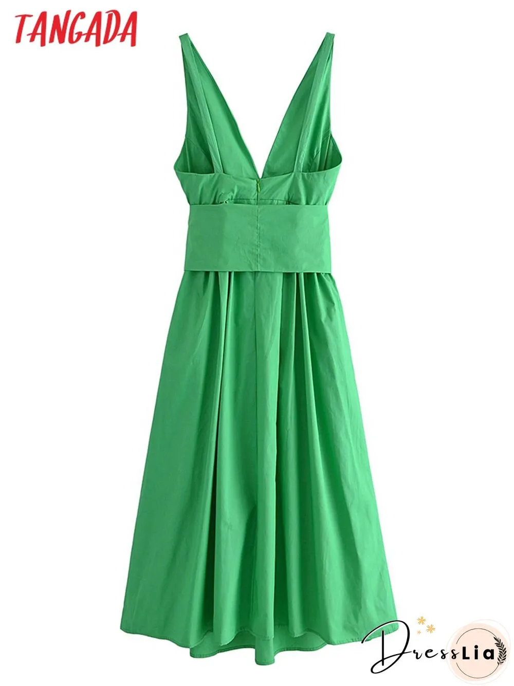 Womens Summer Dress Green Dresses With Pocket Back Bow Strap Female Long Dress Qn26