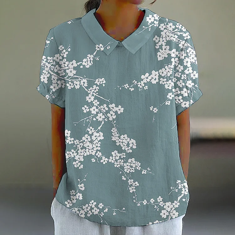 Cherry Blossom Japanese Print Casual Cotton Linen Shirt