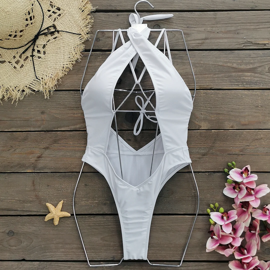 Churchf 2025 New Solid-Color Swimsuit Female Slebs Hollow Cross-Band Export Bikini