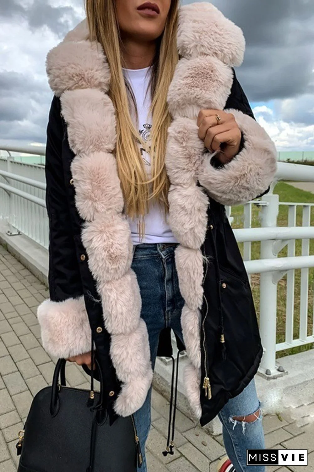 Drawstring Waist Fur Collar Fluffy Hooded Coat