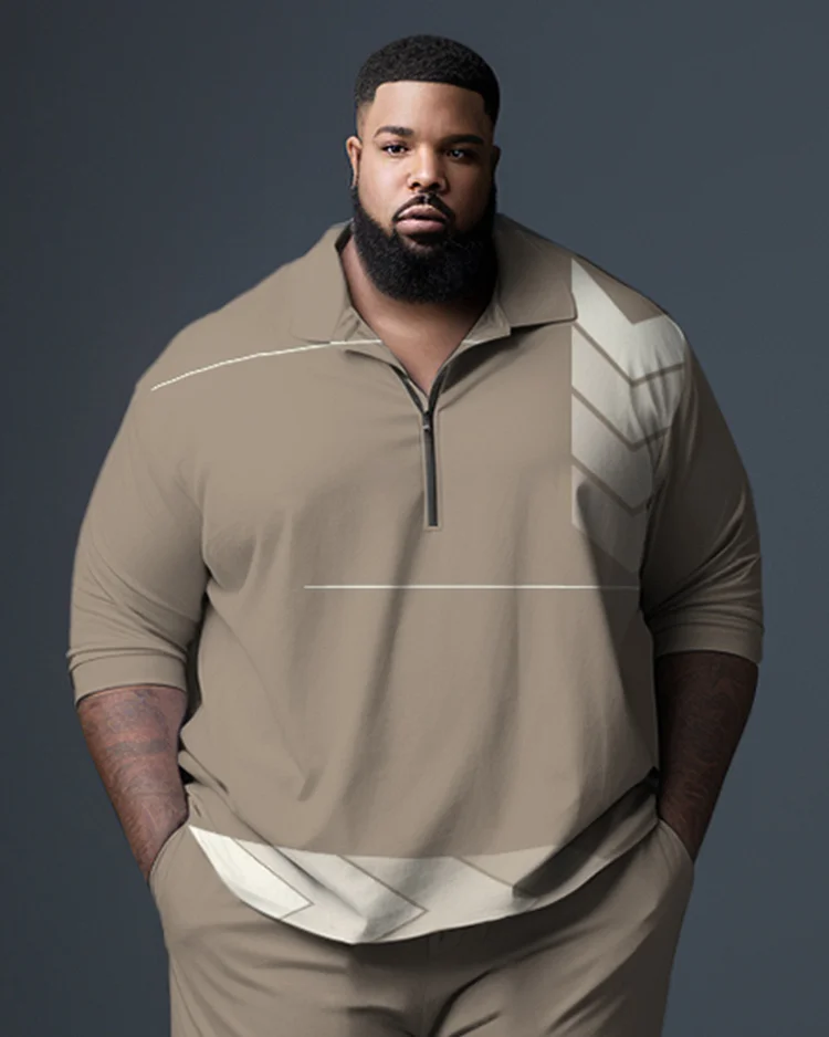 Men's Plus Size Gentleman Brown Graphic Polo Zip Shirt and Pants Two-Piece Set