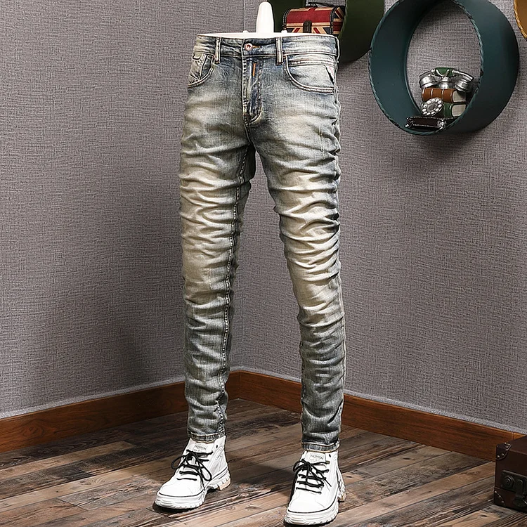Spring and Autumn Classic Retro Vintage Jeans for Men, Trendy Stretch, Slim Fit, Small Feet, Versatile, Street Heavy Pants