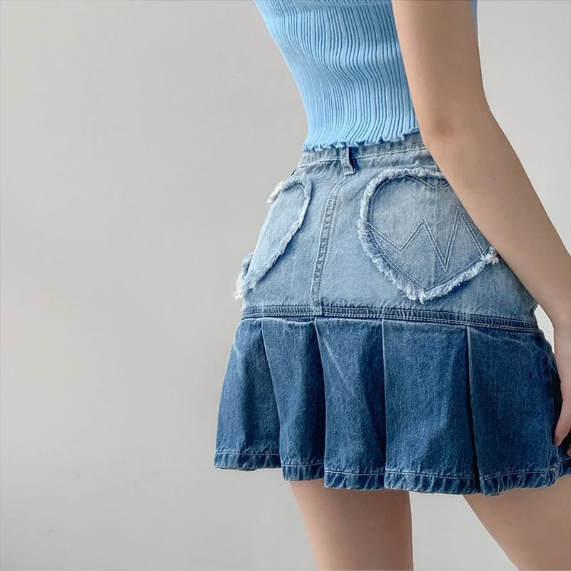 Harajuku Love Denim Pleated Skirt BE1292