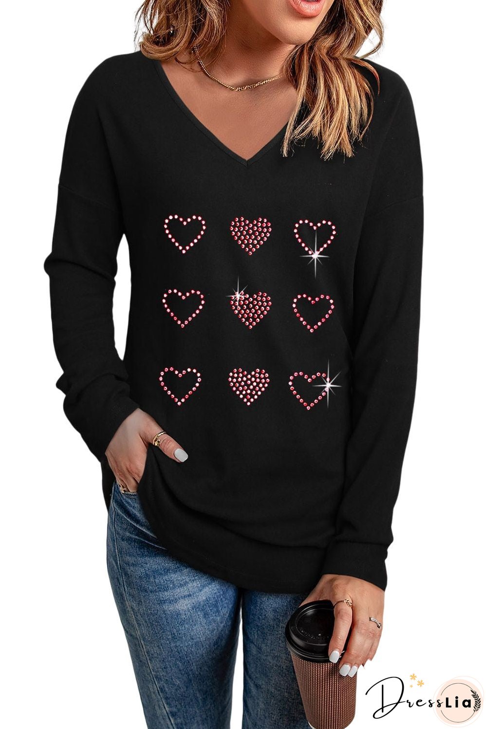 Black Valentines Day Rhinestone Heart Graphic Long Sleeve Tee
