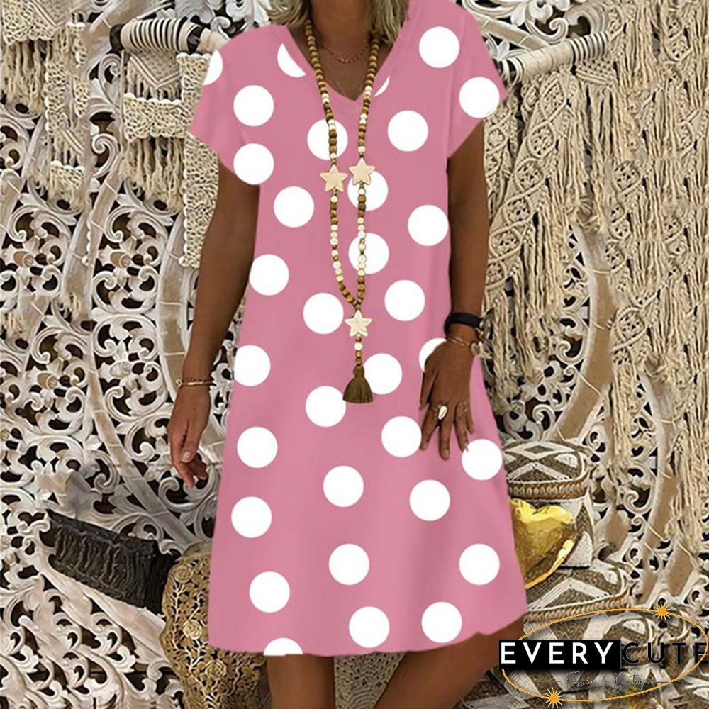 Women's Dress Summer New Fashion Women's V-neck Dots Printed Casual Short Sleeve Dress Loose Soft and Comfortable Plus Size Dress S-5XL