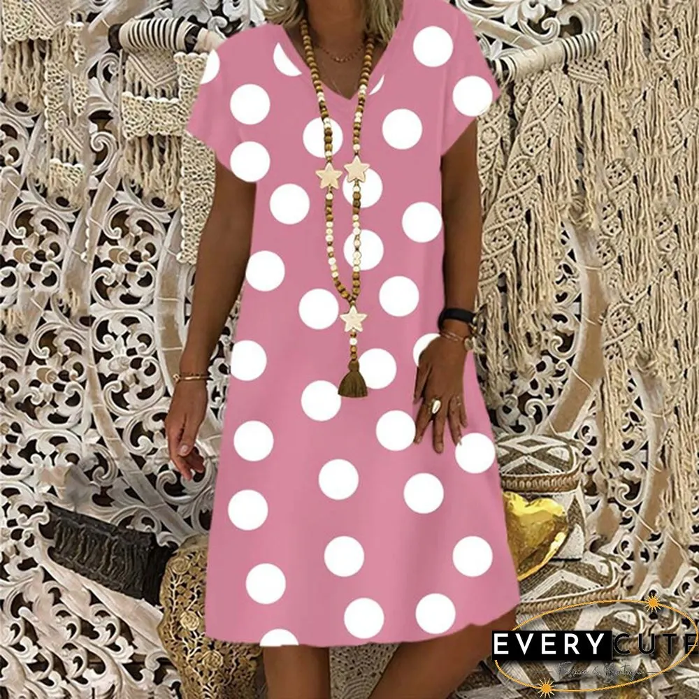Women's Dress Summer New Fashion Women's V-neck Dots Printed Casual Short Sleeve Dress Loose Soft and Comfortable Plus Size Dress S-5XL