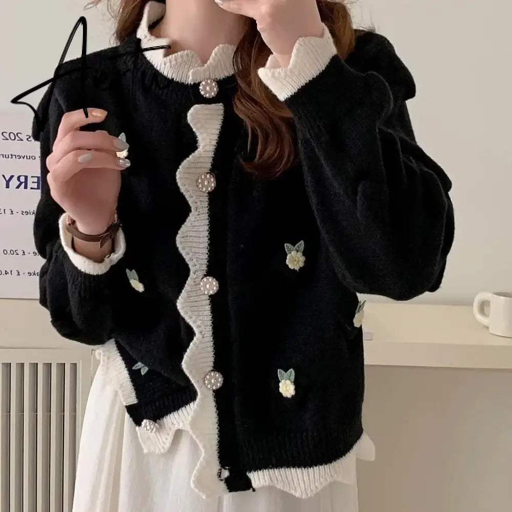 Chic Korean Fashion Flower Pattern Red Christmas Cardigan Sweaters Autumn Winter Long Sleeve Y2K Aesthetic Knitted Tops Christmas New Year Aiertu