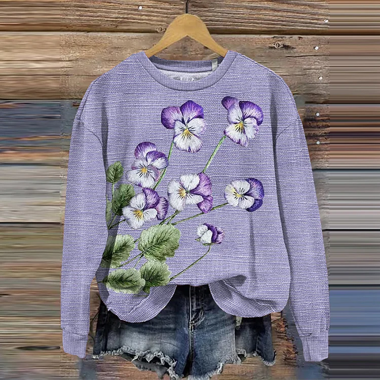 VChics Pansy Floral Embroidered Print Crew Neck Sweatshirt