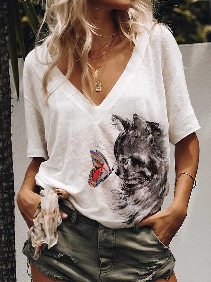 Women's Butterfly Cat Print Loose V-neck T-shirt