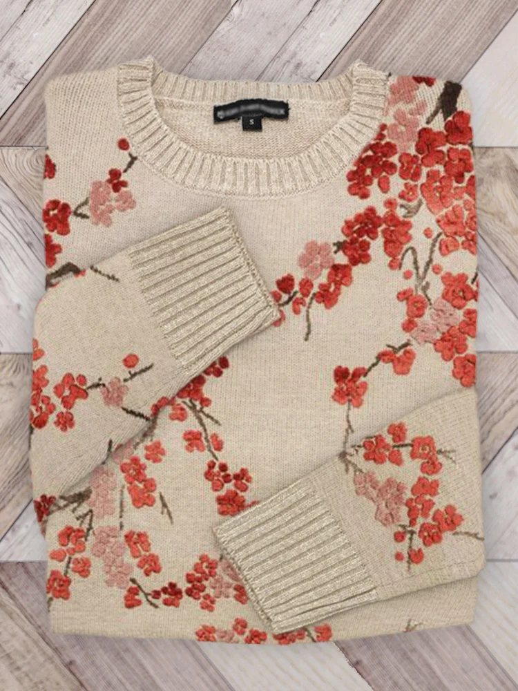 Utbros Classy Plum Blossom Velvet Art Cozy Knit Sweater