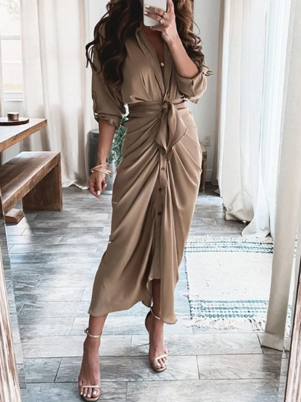 Women's solid color long-sleeved bag hip dress