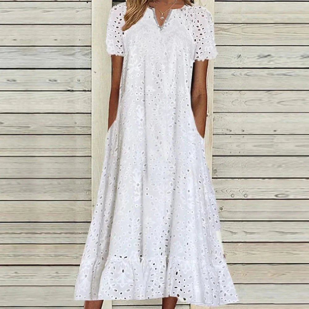 White Eyelet Lace Short Sleeve Side Pocket Midi Dress